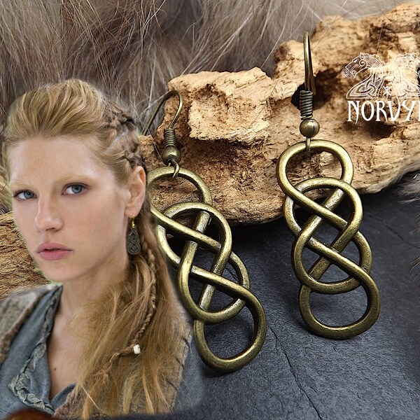 Boucles d'oreilles vikings inspiration Lagertha entrelacs en métal couleur bronze.