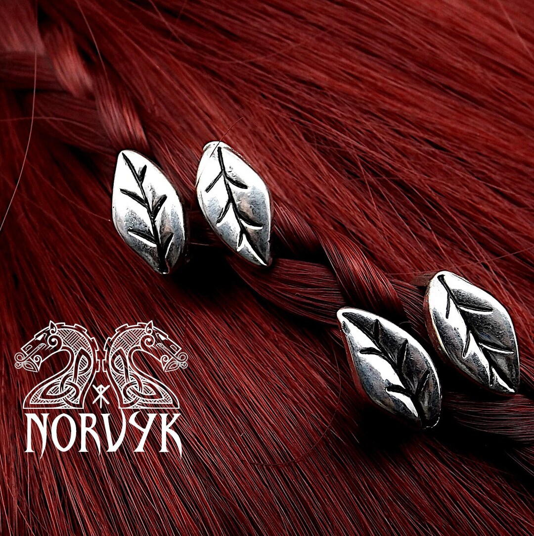 2 Viking Hair Beads Leaf Pattern in Silver and Black Colored Metal