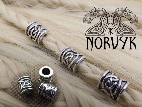 3 Viking Hair or Beard Beads Interlaced in Silver and Black