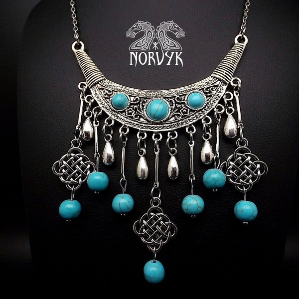 Collier viking entrelacs en métal, perles pierres Turquoise  avec chaine en acier pièce unique fait main très tendance