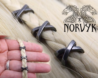 3 Perles à cheveux ou à barbe viking en métal couleur gris foncé pour petites tresses.