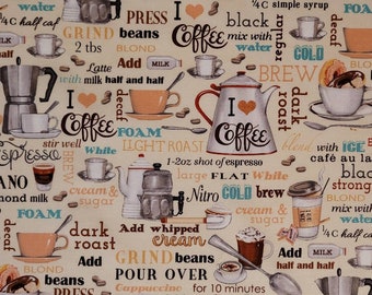 Coffee House, pattern D# 74110 by Robert Kaufman. Fabric by the yard, half yard and fat quarters. Coffee fabric, novelty fabric.