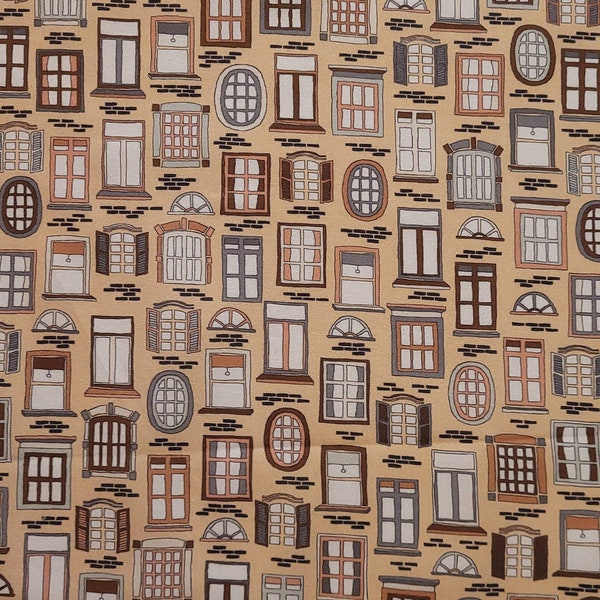 Step over my Doorstep, Beige, by Stoff fabrics. Pattern # MSD-20-127 novelty prints, building prints,men fabric, fabric by the yard.