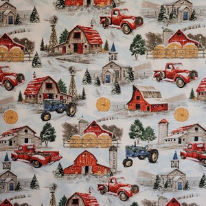 Red truck fabric by Brother Sister designs.  Fabric by the yard and half yard.  Red truck fabric, barn fabric, farm fabric.