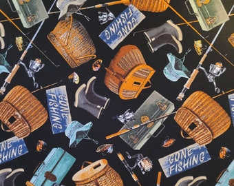 Fishing tackle, for Timeless Treasures NATURE 6403. Fabric by the yard and half yard. Fishing fabric, novelty fabric, men's fabric.