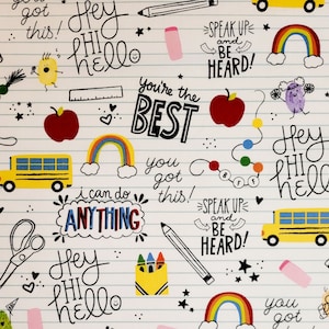 School fabric by Brother Sister design B98-CMH. Fabric by the yard and half yard. School fabric, school bus fabric, teacher gift ideas.
