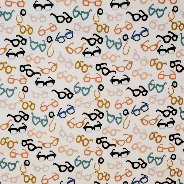 Glasses by Dear Stella designs, DCJ 1993. Fabric by the yard and half yard. Novelty fabric, fabric with glasses, optometrist fabric.