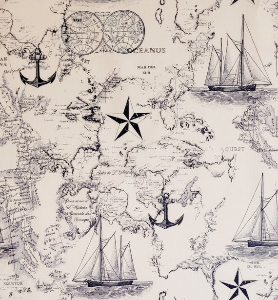 Nautical fabric by Brother Sister B73-W-P17. Sold by the yardage and 1/2 yard cuts. Blue print on white background Nautical fabric, sailboat