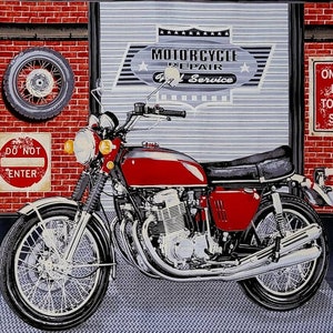 Motorcycle panel, My Tools, My Rules by Henry Glass Co. #520. Measures 24 x 44. Fabric panels, men&#39;s fabric, Motorcycle fabric.