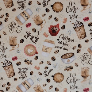 Coffee, by Timeless Treasures CD2559. Fabric by the yard, half yard and fat quarters. Coffee fabric, cappuccino fabric, novelty fabric.