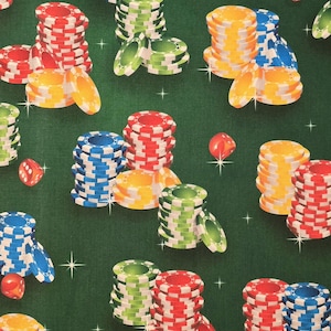 Poker chip fabric by Foust Textiles. Fabric by the yardage and half yards. Poker fabric, men&#39;s fabric, novelty fabric, game fabric.