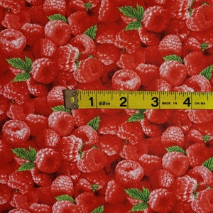 May include: Red fabric with a repeating pattern of red raspberries. A yellow measuring tape is partially visible at the bottom of the image. The tape reads "1 60 in 2 3 MADE IN 4 CHINA".