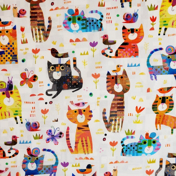 Cat Fabric, Catsville by Gareth Lucas. #53482D-1 Fabric by the yard and half yard. Cat fabric, animal fabric, spring fabric.