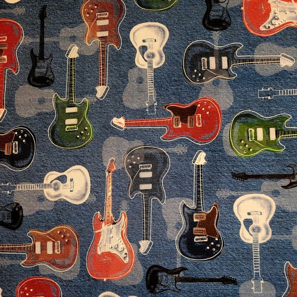 Electric guitars, Man Cave by Michael Cheung for Robert Kaufman, #22335. Fabric by the yard and half yard. Music fabric, Electric Guitars