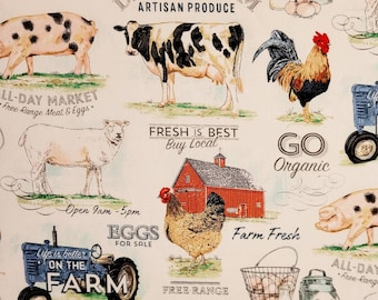 Farm life by Brother Sister design studio. Fabric by the yard,half yard and fat quarters. Chicken fabric, dairy cow fabric, barn fabric.