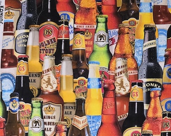 Beer bottles, "Ale House" by Greta Lynn for Kanvas. #12738. Sold by the yardage and half yard cuts. Food fabric, beer fabric, men's fabric.
