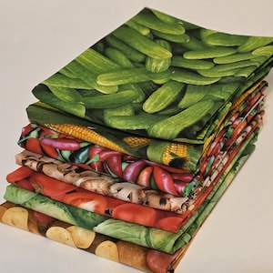 Fresh Veggies fabric bundles. 7 fabrics in fat quarter bundles or half yard bundles. Food fabric, vegetable fabric bundles. Free Shipping!