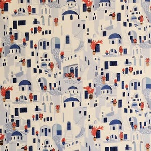 Greece fabric, by Camelot Fabrics #82210602. Sold by the yardage and half yard cuts. Greek fabric, travel fabric, blue fabric.