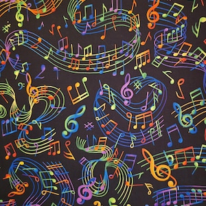 May include: Black fabric with a repeating pattern of colorful musical notes, treble clefs, and musical staffs. The notes are in shades of blue, green, yellow, orange, and purple. The design is suitable for music-themed crafts and projects.
