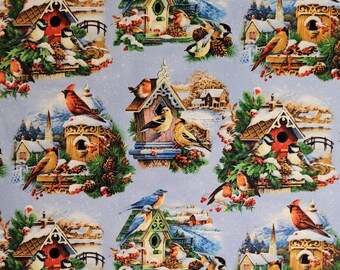 Bird fabric, Winter Song by Oleg Gavrilor for Elizabeth's Studio.#9410 Fabric by the yard and 1/2 yard. Bird fabric, fabric with birds.