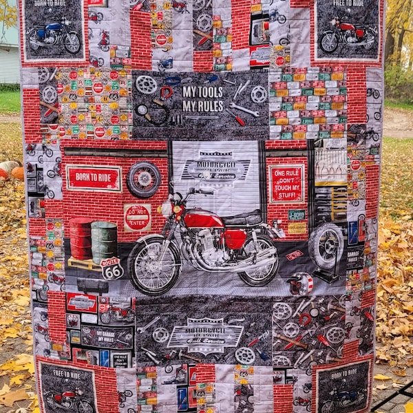 Motorcycle quilt kit 55x66. My Tools My Rules fabric by Henry Glass&Co. 2 panels, 7 fat quarters, and  binding. Free pattern Free Shipping!