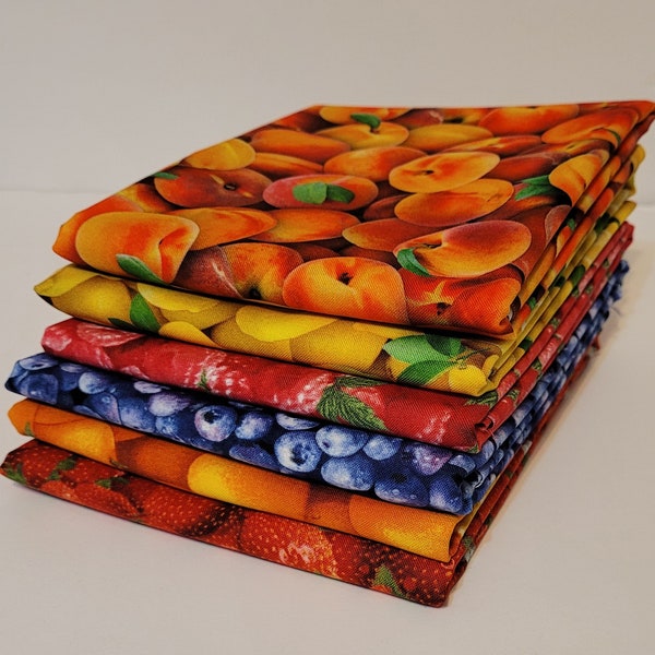Juicy fruit fabric bundles. 6 different fabrics in fat quarter bundles or half yard bundles. Fruit fabric, fabric bundles. Free Shipping!