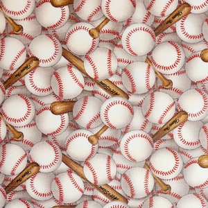 Baseball/bats fabric by Elizabeth's Studio # 112. Sold by the yardage and 1/2 yard cuts. Baseball fabric, sports fabric.