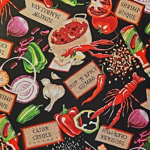 Cajan Crab Boil by Robert Kaufman. Fabric by the yard, half yard and fat quarters.  Food fabric, crab boil, Cajun food, southern food.