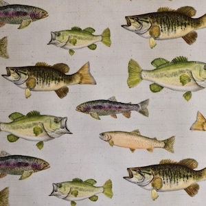 May include: A repeating pattern of various fish illustrations in shades of green, brown, and purple against a light gray background. The fish are depicted with open mouths and detailed scales, creating a vintage aesthetic.