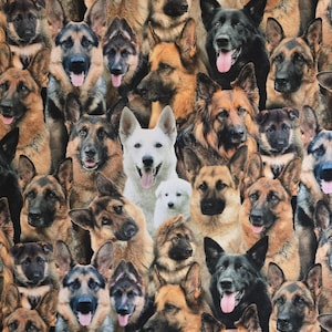 German Shepherd dog fabric, by Elizabeth&#39;s Studio. Fabric by the yard and half yard. German Shepherd fabric, fabric with dogs, police dogs.