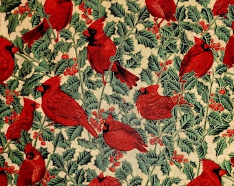 Cardinal fabric,  Holiday magic by Exclusively Quilters. Fabric by the yard, half yard and fat quarters. Christmas fabric, cardinal fabric.