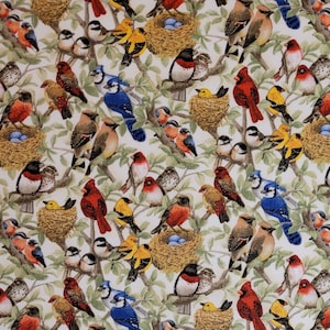 Beautiful birds by Tracy Lizotte for Elizabeth&#39;s Studio. Fabric by yardage and 1/2 yards. Bird fabric, cardinal fabric, fabric with birds.