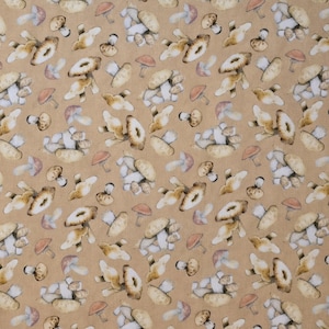 Mushroom fabric, "Nature's Serenade" for White Owl fabrics #760.602.0607. Fabric so yardage and 1/2 yards. Fabric with Mushrooms, nature.