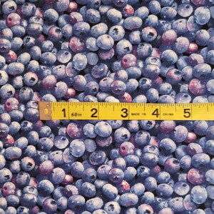 May include: A close-up of a fabric with a repeating pattern of blue blueberries. A yellow measuring tape with black markings reads "1 60in 2 3 MADE IN 4 CHINA 5".