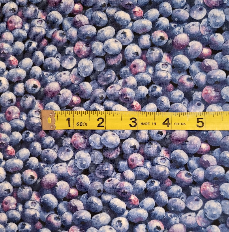 May include: A close-up of a fabric with a repeating pattern of blue blueberries. A yellow measuring tape with black markings reads "1 60in 2 3 MADE IN 4 CHINA 5".
