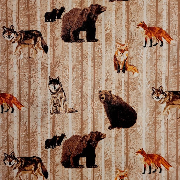 Bears,Fox,and wolf fabric by Andover Fabrics,  #145. Fabric by the yard, half yard and fat quarters. Bear fabric, fox fabric, wolf fabric