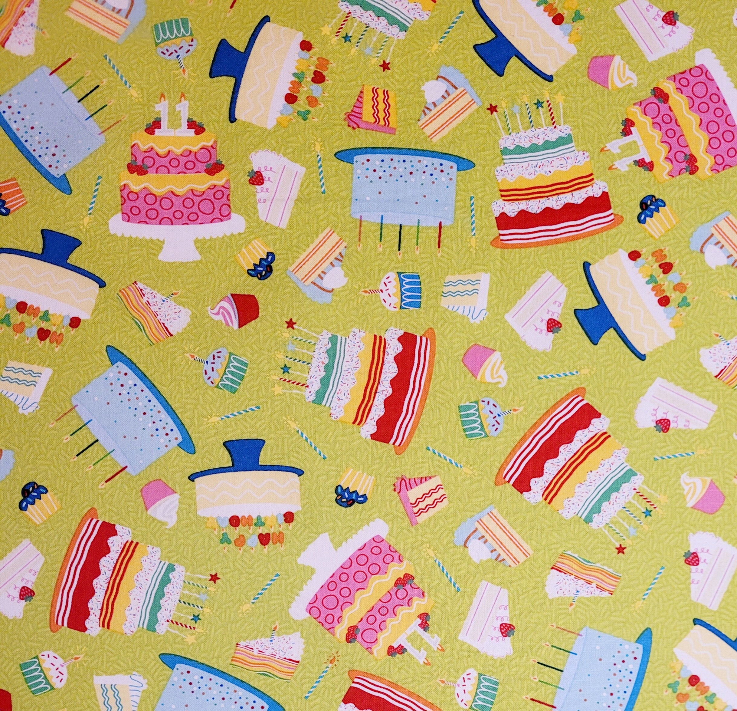 Birthday fabric, by Emily Dumas for Henry Glass Co. #1182. Fabric by the yard, half yard. Birthday cake fabric, birthday gift ideas.