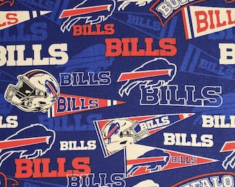 Buffalo Bills, 100% cotton fabric, NFL #70154. 44"wide. Sold by the yardage and half yard cuts. Football fabric, sports fabric.