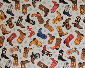 Children's fabric, Cowboy boots by Benartex #14763. Sold by yardage & half yard cuts. Children's fabric, cowboy boot fabric, farm fabric.
