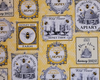 Bee fabric, Honey Labels by Hi-Fashion. Fabric by the yard and half yard. Bee fabric, honey fabric, nature fabric, summer fabric.