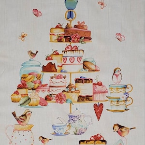 New! Fabric panel Tweets and Treats by Henry Glass Co. #3011P. 23 1/2&quot; x 44&quot;Drink fabric, food fabric, fabric with birds, fabric panels
