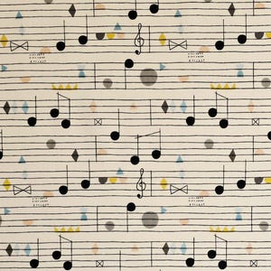 May include: Cream-colored fabric with a repeating pattern of musical notes, treble clefs, and geometric shapes in black, gray, yellow, and blue. The design includes musical notes, diamonds, triangles, circles, and bow ties.