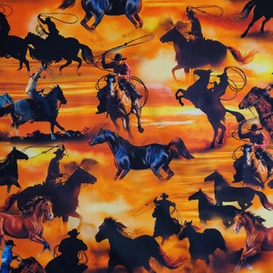 Horse fabric, Sunset Range Rider By Michael Miller. Fabric by the yard & half yard. Horse fabric, novelty fabric, animal fabric, farm fabric