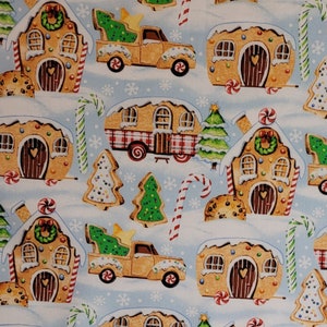 Christmas fabric, Gingerbread Truck fabric, by Fabric Edition Inc. Fabric by the yard and half yard. Christmas fabric, camper fabric.