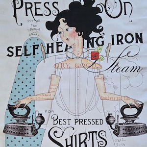 May include: Vintage advertisement for "The Ideal Iron Mfg Co." featuring a woman with black hair and a white dress, holding two irons. The text reads "Press On, Self Heating Iron, For Best Pressed Shirts." The image includes a blue polka dot pattern.