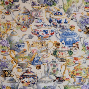 May include: A collection of vintage teacups and teapots in various colors and patterns, including floral, geometric, and abstract designs. The teacups and teapots are arranged in a random pattern on a white background.