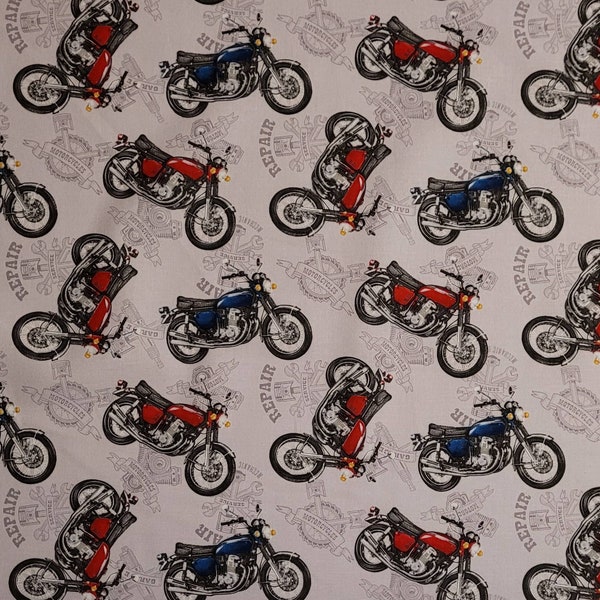 Motorcycle fabric, My Tools My Rules by Henry Glass. #513 fabric by the yard and half yard. Novelty fabric, motorcycle fabric, men's fabric