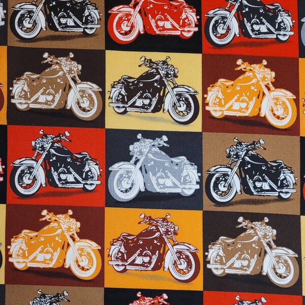 Motorcycle blocks by Jeff Wack for Quilting Treasures. Fabric by the yard and half yard. Men's fabric, sports fabric, motorcycle fabric.