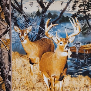 Deer fabric panel, Lakeside sunset. Measures 36 x 42 1/2. Fabric panels, Fall fabrics, deer fabric panel, buck panel, cabin by the lake.
