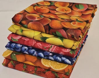 Juicy fruit fabric bundles. 6 different fabrics in fat quarter bundles or half yard bundles. Fruit fabric, fabric bundles. Free Shipping!